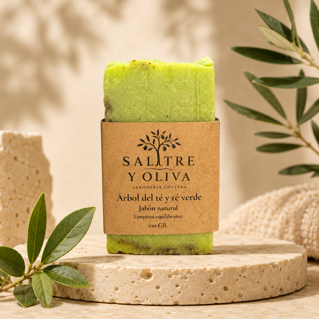 Jabón artesanal de árbol del té y té verde — Limpieza equilibrante. Pieles con acné 100 g