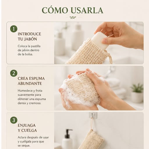Bolsa natural exfoliante para jabón — Espuma y aprovechamiento.