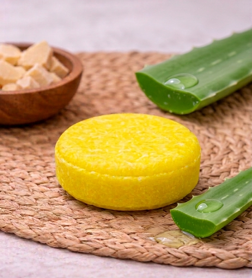 Pastilla de champú sólido natural artesano con extracto de manzanilla para cuero cabelludo sensible