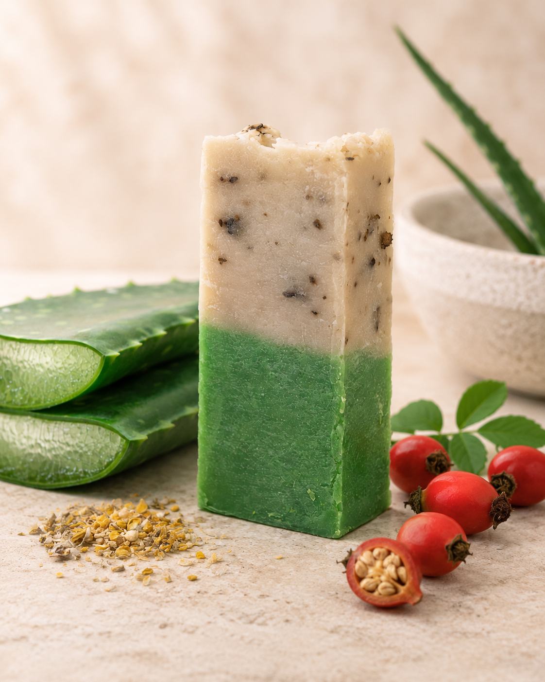 Jabón de aloe vera & rosa mosqueta — Calma e hidratación. 100 g